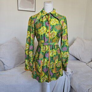 Vtg 60s Mod Mini Dress Psychedelic Floral Belted Button Front Youthquake Collar